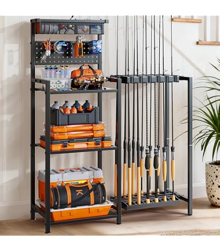 SOYEEZE Fishing Rod Holder for 14 Rods, Ground Stand Fishing Pole Holders for Garage, 2-Sided Vertical Fish Rod Rack for Tackle Box, Fishing Supplies,a Display Fish Gear Storage Gift for