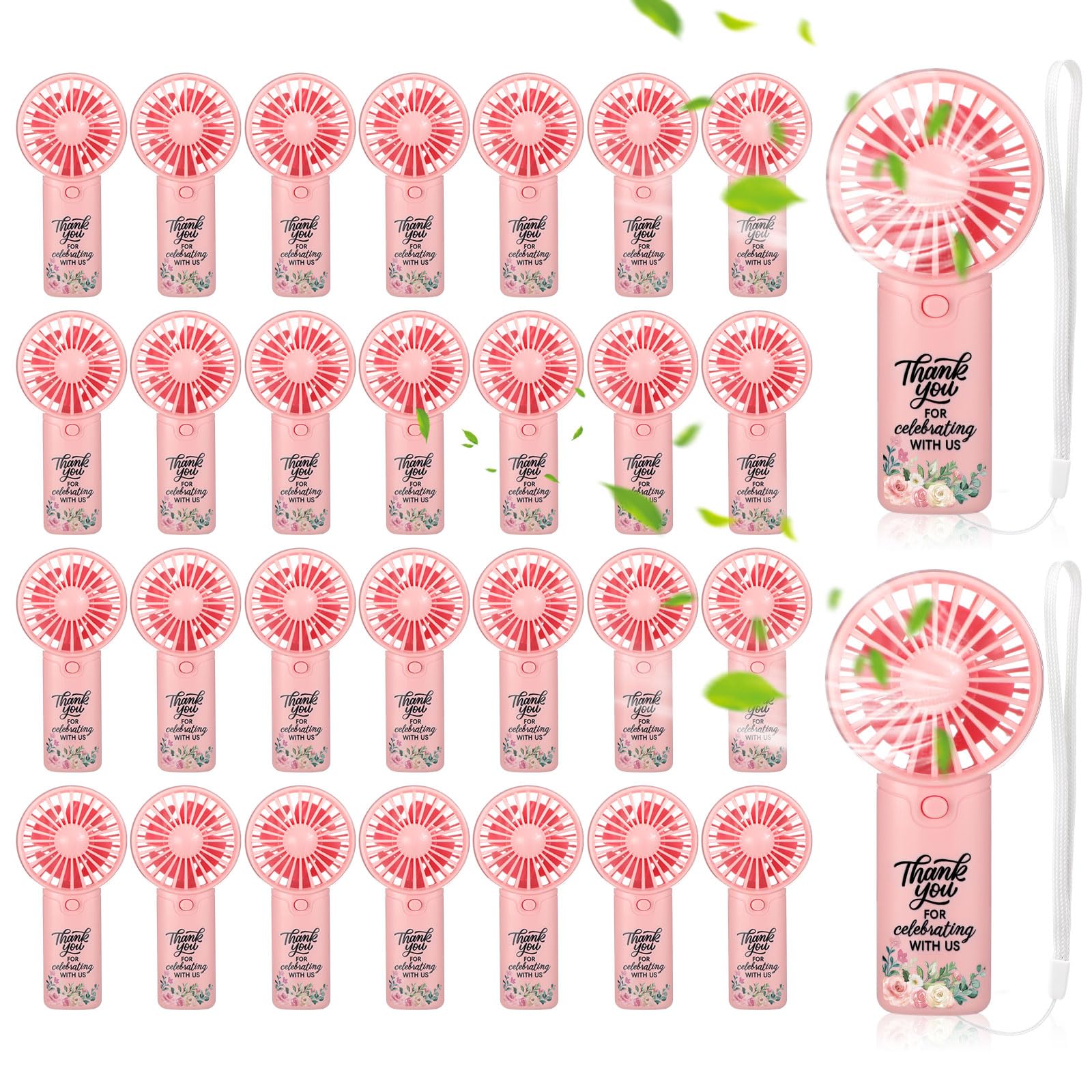 Photo 1 of Tuanse 30 Pcs Wedding Mini Fans for Guests Portable Handheld Fans with Lanyard Bulk Thank You for Celebrating with Us Bridal Shower Favors for Summer Outdoor, Battery Not Include (Wedding Pink)