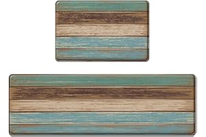 Nesphy Anti-Fatigue Rustic Kitchen Rug Set of 2 Cushioned Teal Brown Rugs for Kitchen Floor, Standing Mat Waterproof Non-Slip Kitchen Mats and Rugs PVC Ergonomic Comfort Foam Kitchen Decor