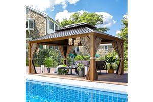 EROMMY 12' x 16' Gazebo, Wooden Finish Coated Aluminum Frame Canopy with Double Galvanized Steel Hardtop Roof, Outdoor Permanent Metal Pavilion with Curtains and Nettings for Patio, Backyard and Deck…