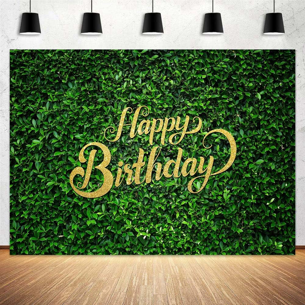 Photo 1 of 10X8FT Green Leaves Happy Birthday Backdrop Jungle Safari Birthday Party Decoration Banner Natural Green Grass Wall Party Woman Girl Background Photoshoot Photobooth Photography Backdrop