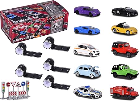 Majorette 212058198 Playtape Mega Box 5x Selbstklebendes Strassenband A 4 5 Meter 10 Die Cast Autos Inkl 8 Verkehrszeichen 1 64 7 5 Cm Amazon De Spielzeug