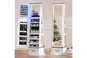 SKKTKT LED Mirror Jewelry Cabinet Standing, 360°Swivel Jewelry Armoire with Full Length Mirror, Mirror with Jewelry Storage and Large Wooden Drawer for Christmas Gifts (Farmhouse White)