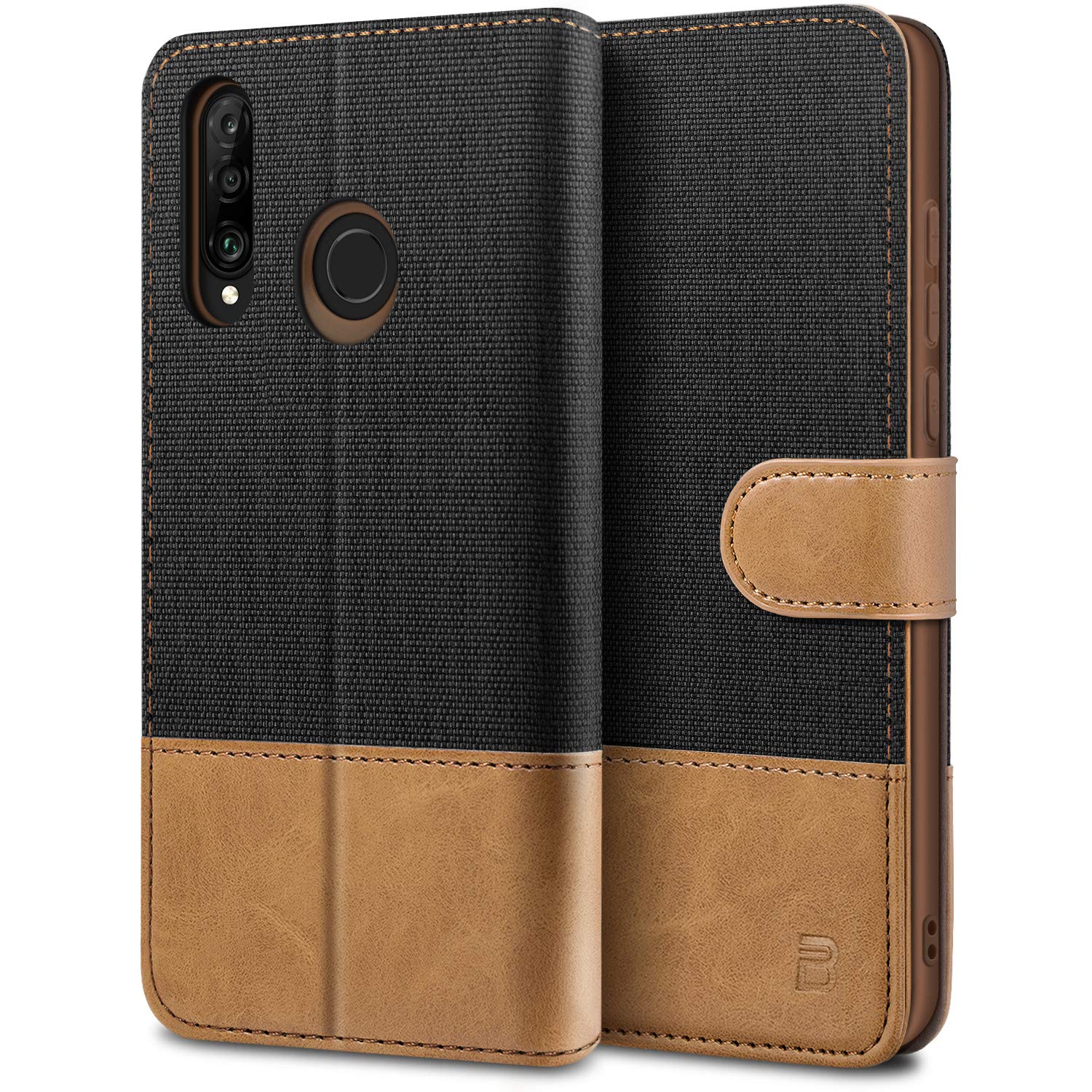 BEZ Case for Huawei P30 Lite Phone Case, Compatible with Huawei P30 Lite, Wallet Cover [Canvas Faux Leather] with Credit Card Holders, Kick Stand, Magnetic Strap Closure, Black
