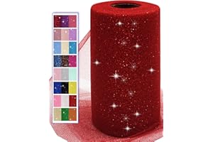 ABLEME DECO Glitter Tulle Fabric Rolls, 6 Inch 50 Yards (150ft) Sparkling Spool Ribbon Sequin Netting for Tutu Skirt Gift Wrapping Wedding Party Decoration (Red)