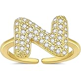 Anten Pink Gold Bubble Letter Ring for Women, 14K Gold Plated Thin Band Initials Rings - Dainty letters Stacking Rings with CZ, Adjustable Pinky Jewelry