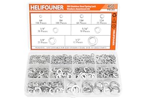 HELIFOUNER 450 Pieces 8 Sizes Stainless Steel Split Lock Washers, Spring Lock Washers Assortment Kit, 1/2" 3/8" 5/16" 1/4" 12# 10# 8# 6#