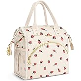 Lunch Bag Women Insulated Lunch Box Wide-Open Lunch Tote Bag Large Drinks Holder Durable Nylon Thermal Snacks Organizer for Men Adults Work Picnic Hiking Beach Fishing, Strawberry Corduroy