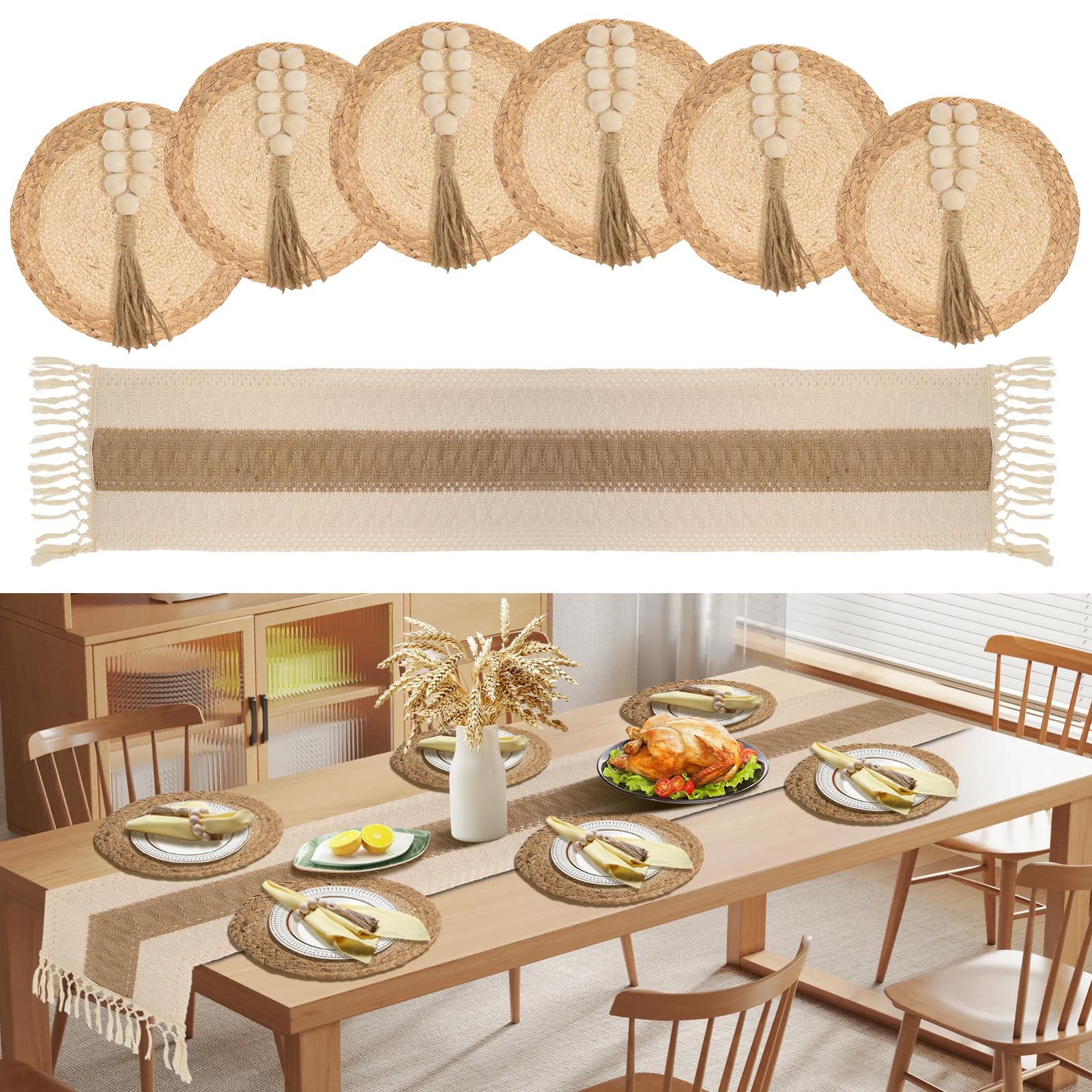 Photo 1 of GENMOUS Boho Placemats Set of 6, 13" Round Woven Table Mats with Wooden Bead Napkin Rings, 72" Cotton Burlap Table Runner for Rustic Dining Decor, Farmhouse Chargers Plates for Party Wedding Home