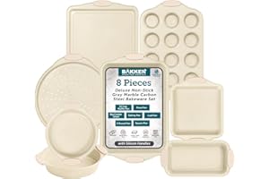 BAKKENMASTER Deluxe 8-Piece Carbon Steel Bakeware Set - Nonstick White Marble Coating, Silicone Handles - Professional Quality Kitchen Oven Baking Pans