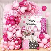 Pink 1st Birthday Balloons Decorations, Hot Pink Rose Polka Dots Balloons Arch Kit, Huge Bow Foil Ballons, Pinks Number 1 Balloon Tower for Baby Shower Girls Princess 1st Theme Party