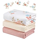 IBESTOPIA 3-Pack 100% Cotton Muslin Swaddle Blankets, Large 47 x 47 Inches — Breathable Soft Receiving Blankets for Newborns, Swaddling Wraps, Registry Gift (Pink Floral Garden)