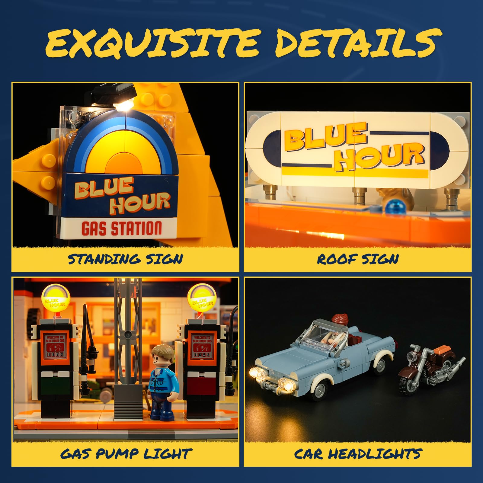 FUNWHOLE City Gas Station Bauset mit Licht – 1608PCS modularer Brick-Baukasten für Erwachsene & Teenager, zur Ausstellung & Roadtrip-Szenen, inklusive Oldtimer & Werkzeuge 2