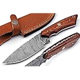 POLO CRAFT Custom Handmade Damascus Fixed Blade,Full Tang Hunting Knives With Leather Sheath (Gift) For Outdoor Camping. (Rose Wood Handle), PCL-0078