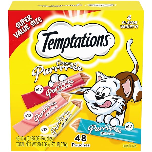 TEMPTATIONS CREAMY PUREE WITH BEEF LIVER, SALMON, CHICKEN, AND TUNA SQUEEZABLE LICKABLE WET CAT TREAT VARIETY PACK, 0.42 OZ. TUBES, PACK OF 48