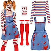 RUODON Women Nightmare Killer Doll Costume Set Overall Dress Rainbow Stripe Shirt with Stockings Scar Sticker for Halloween