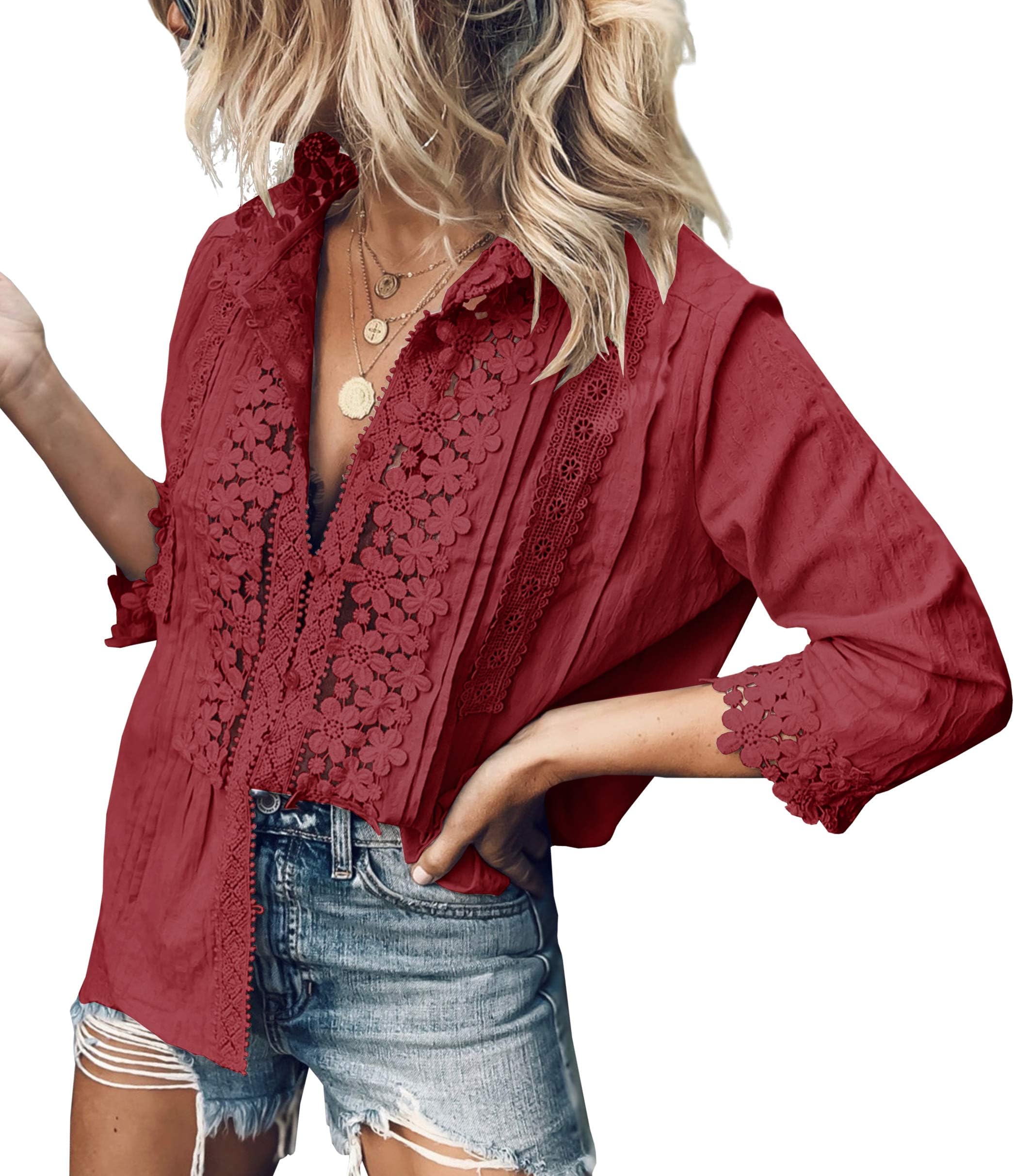 PAPOSON Women Summer Crochet Lace Shirt Flower Embroidery 3/4 Sleeve High Neck Casual Blouse Top