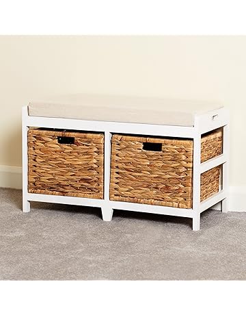Solid Wood Linen Fabric Covered Hall Storage Bench Seat Wicker
