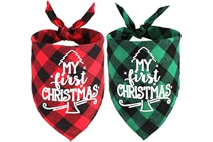 OUMEE 2 Pack My First Christmas Dog Bandana, Dog Bandana Christmas for Puppy Small Medium Large Dogs Cats Pets Outfit Classic Plaid Pets Scarf Triangle Bibs Merry Christmas Bandana Santa Costume Accessories