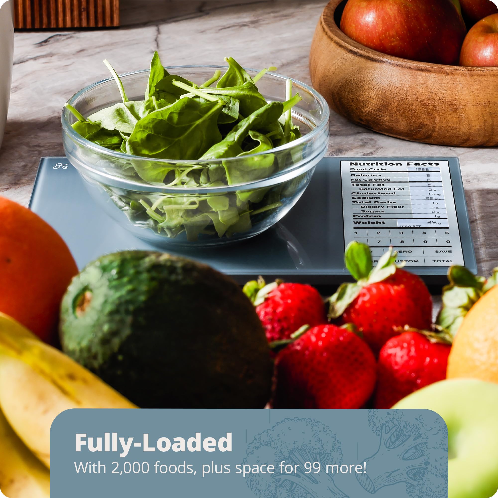 Greater Goods Digital Nutrition Scale – Accurate Macro and Calorie Tracking for Meal Prep, Weight Loss, and Healthy Eating | 2,000 Built-in Foods, Intuitive Nutrition Label Display, 11lb Cap, Blue