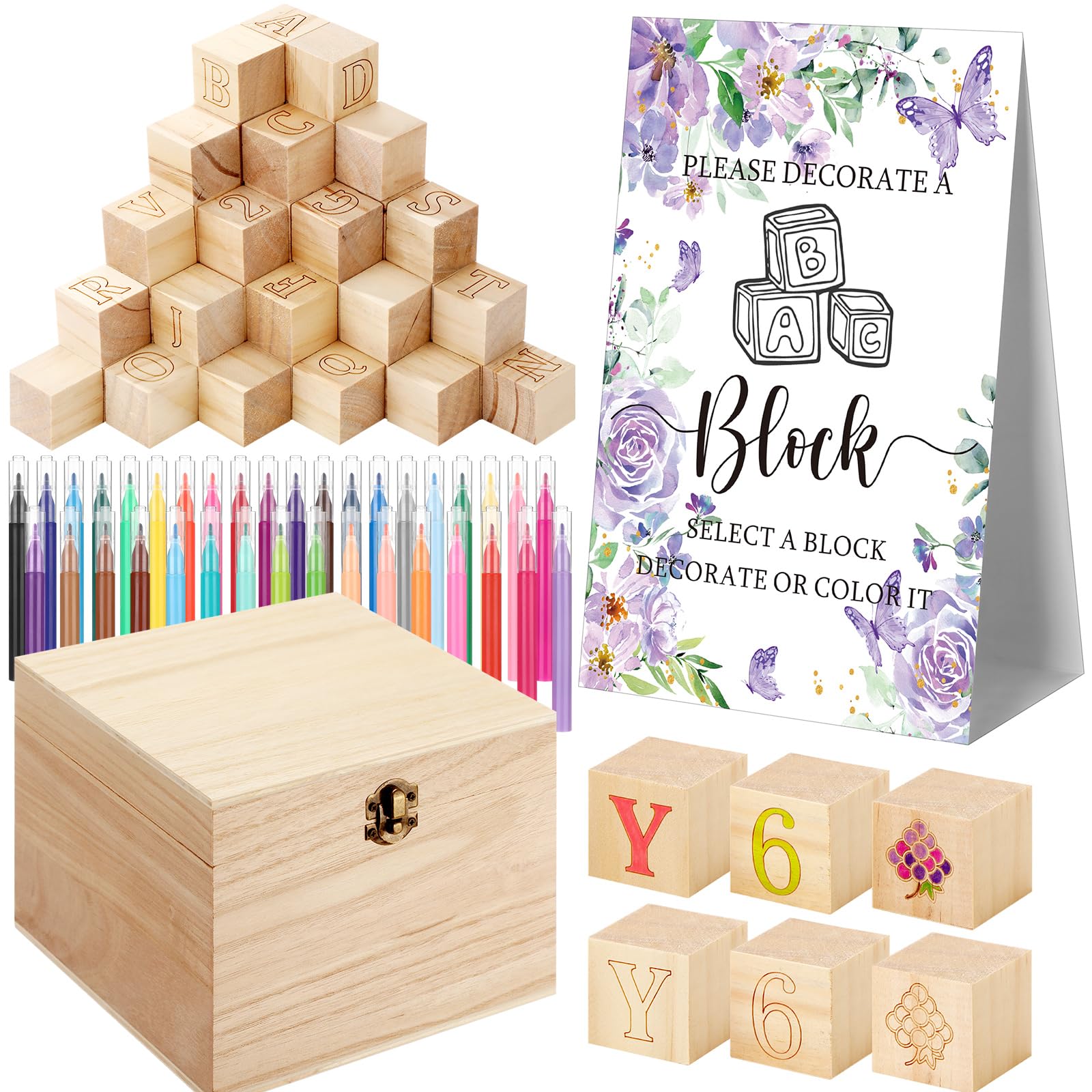 Photo 1 of Marsui 136 Pcs Baby Shower Blocks to Decorate Game Kit Includes 98 Wooden Blocks, 36 Markers, 1 Game Sign, 1 Storage Box for Baby Shower Gender Reveal Activity Party Decorations(Butterfly)