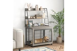 IchbinGo Dog Crate Furniture with Shelves, Wooden Dog Crate Table, 38.5" Dog Kennel with 3 Doors, Flip-up Top Opening and Wheels, Decorative Pet Crate Dog House, Indoor Use (Rustic Grey)
