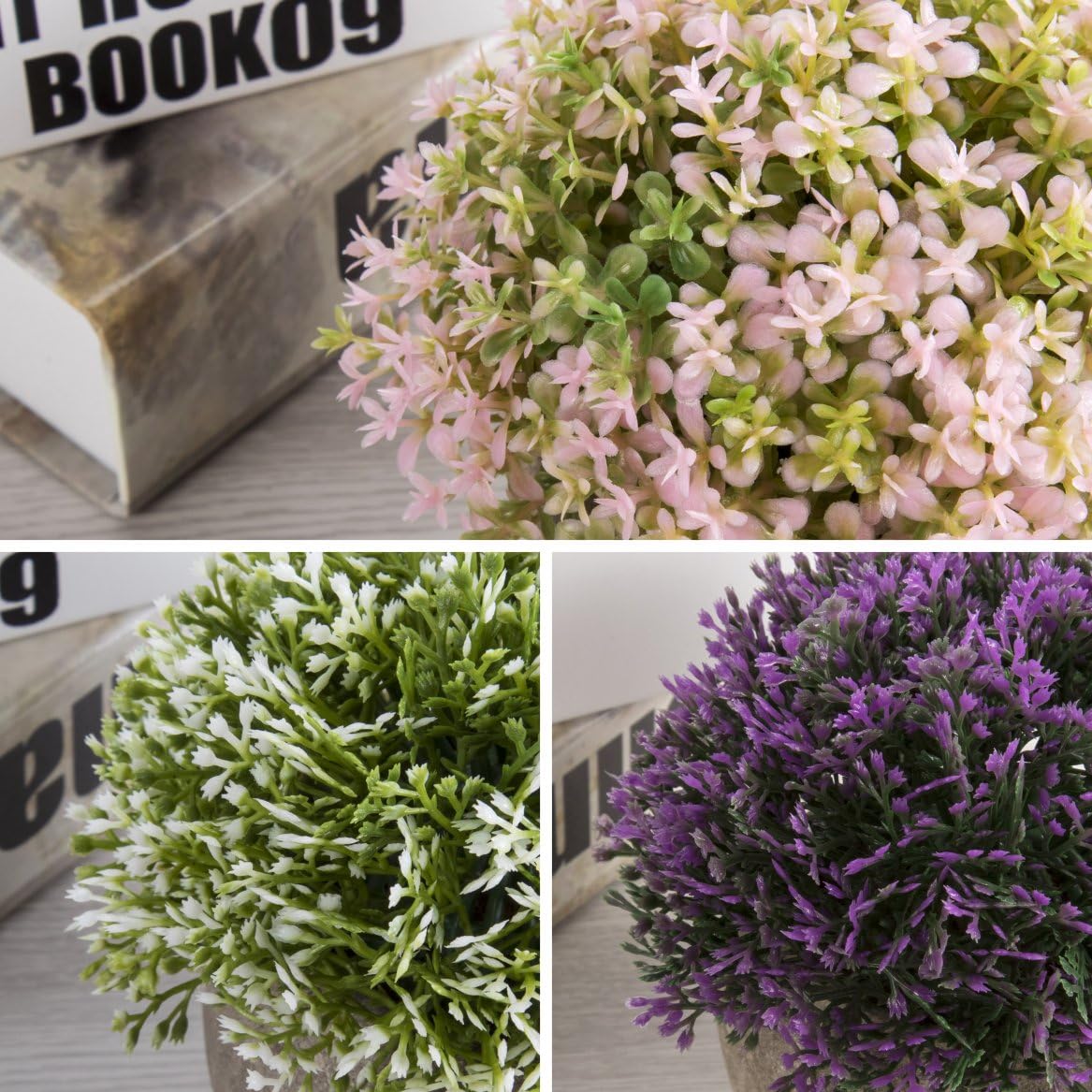 Opps Mini Artificial Plants Plastic Fake Green Colorful Flower Topiary Shrubs with Gray Pot for Home Décor – Set of 3 -