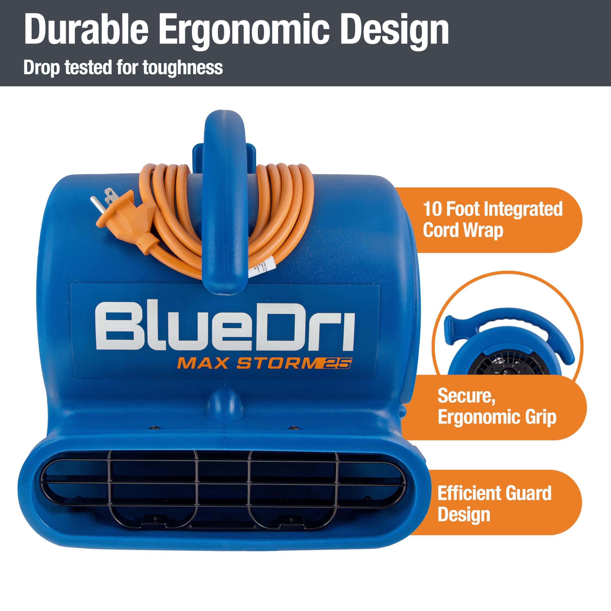 BlueDri Max Storm 25 1/4 HP, 900 CFM Air Mover Blower Fan for Water Damage Restoration Carpet Dryer Floor Home and Plumbing Use, Blue, BD-MS25, Large