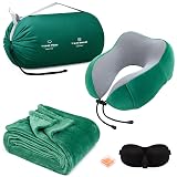 urnexttour Travel Pillow and Blanket Set Neck Pillows Travel Essentials with Sleep Mask for Airplane Car Memory Foam Green