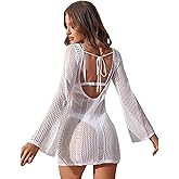 COZYEASE Women's Long Sleeve Backless Knitted Cover Up Swimsuit Hollow Out Crochet Swimwear Beach Dress