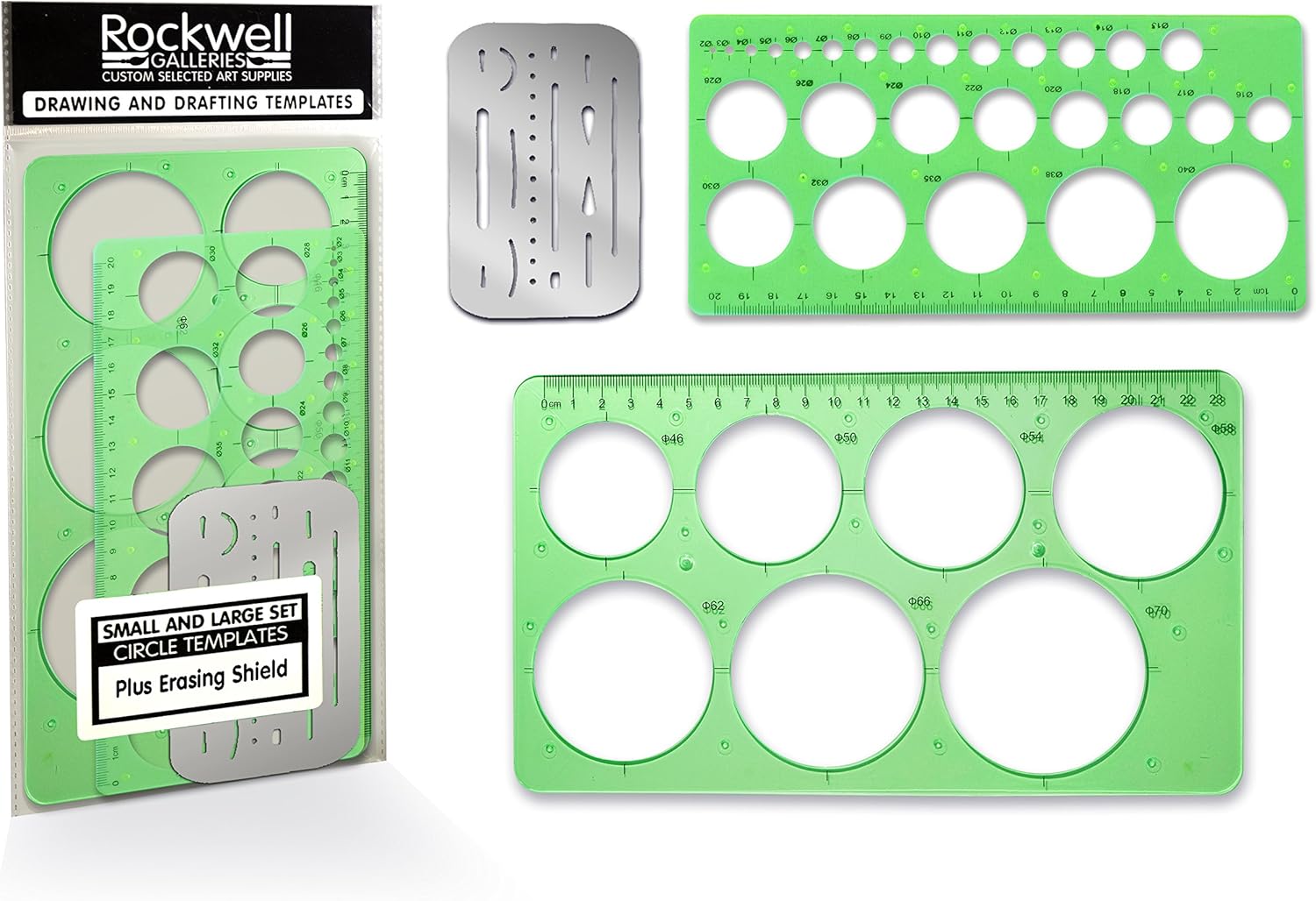 Professional Quality Small and Large Circle Templates Set with Erasing Shield for Drawing, Drafting and Creating by Rockwell Galleries - Circle drawing template for office, class or personal drawings.