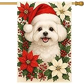 BlissYard Merry Christmas House Flag White Bichon Frise Garden Flag 28x40 Inch Double Sided Holiday Decoration Banner for Outdoor Yard Seasonal Winter House Christmas Garden Decor