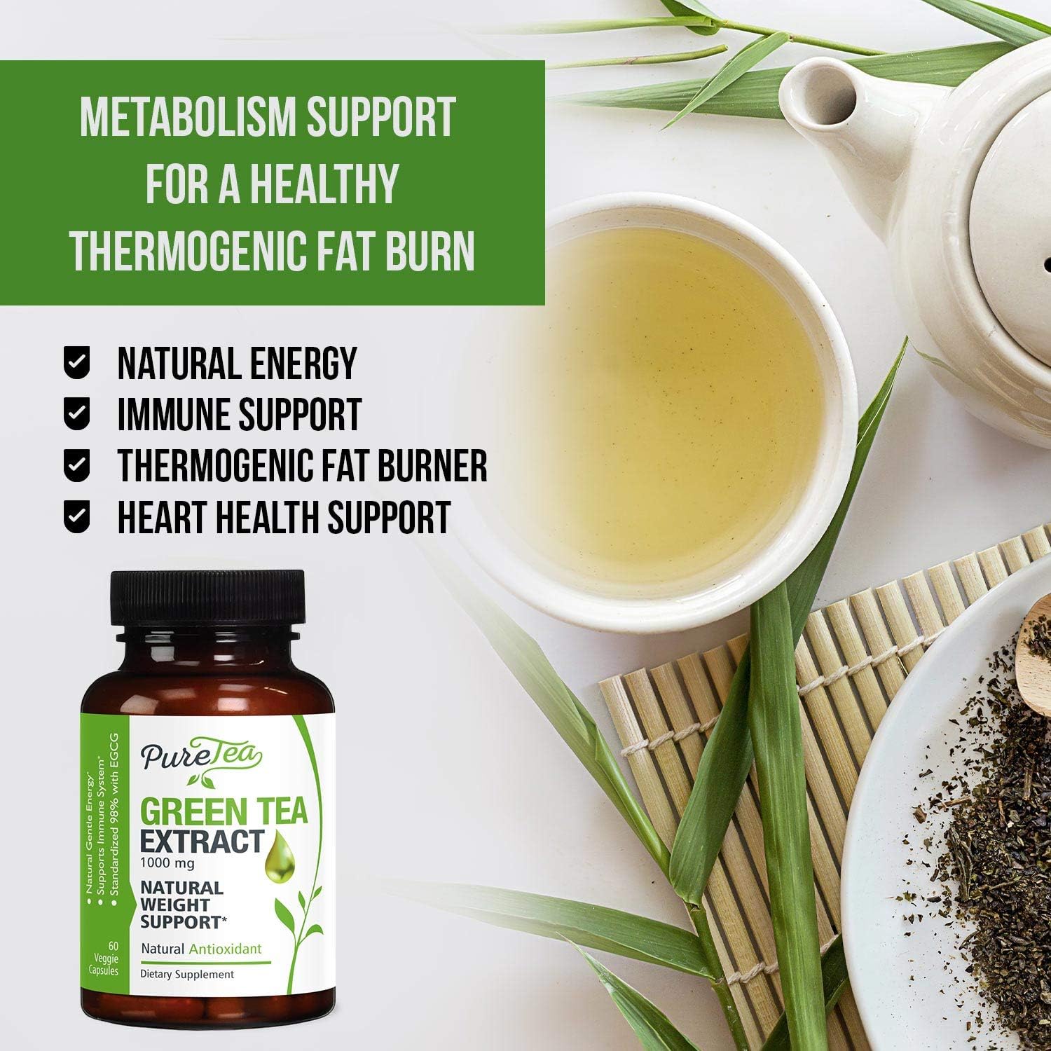 Green Tea Extract 98% Standardized Egcg for Healthy Weight Support 1000mg - Supports Healthy Heart, Metabolism & Energy with Antioxidants & Polyphenols - Gentle Caffeine, Made in USA - 60 Capsules: Health & Personal Care