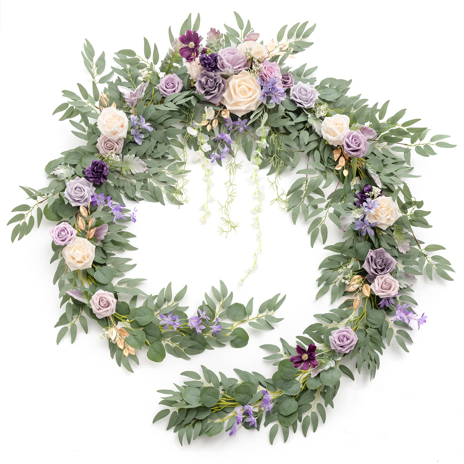 Photo 1 of Ling's Moment 9FT Flower Garland for Backdrop Decorations - Wedding Arch Flowers, Eucalyptus & Rose, Artificial Floral Garland for Mantel - Sweetheart Table Decor for Ceremony Reception, Lilac & Gold