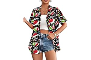 QAUN Christmas Hawaiian Shirt Women:Womens Christmas Vacation Shirt Button Down Santa Shirt Xmas Tops