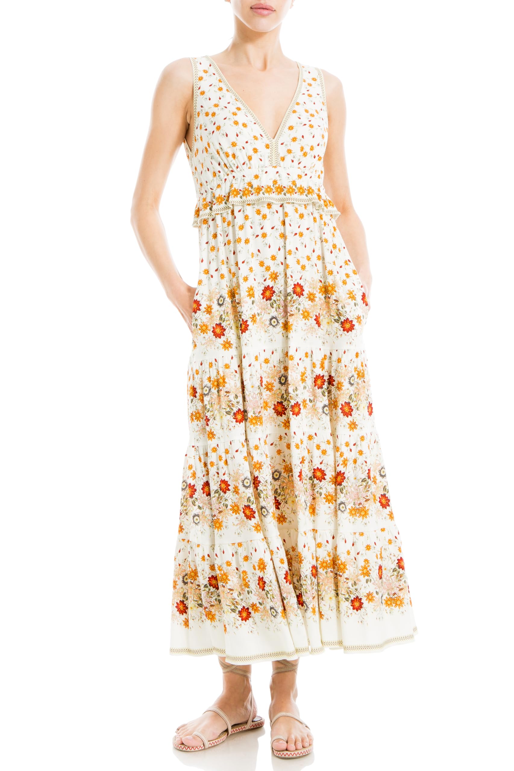 Max Studio Max Studio Women's Sleeveless V-Neck Maxi Tiered Dress US Large, Multi ...