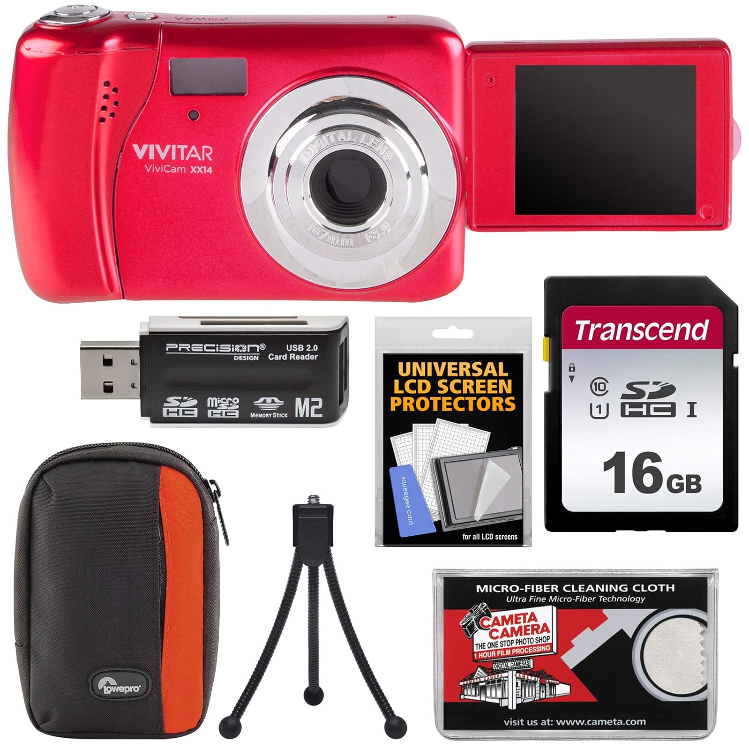 Vxx14自撮りデジタルカメラ レッド Gbカード ケース 三脚 リーダー キット 16 Vivicam Vivitar B06xbrg1sj With コンパクト 品数豊富