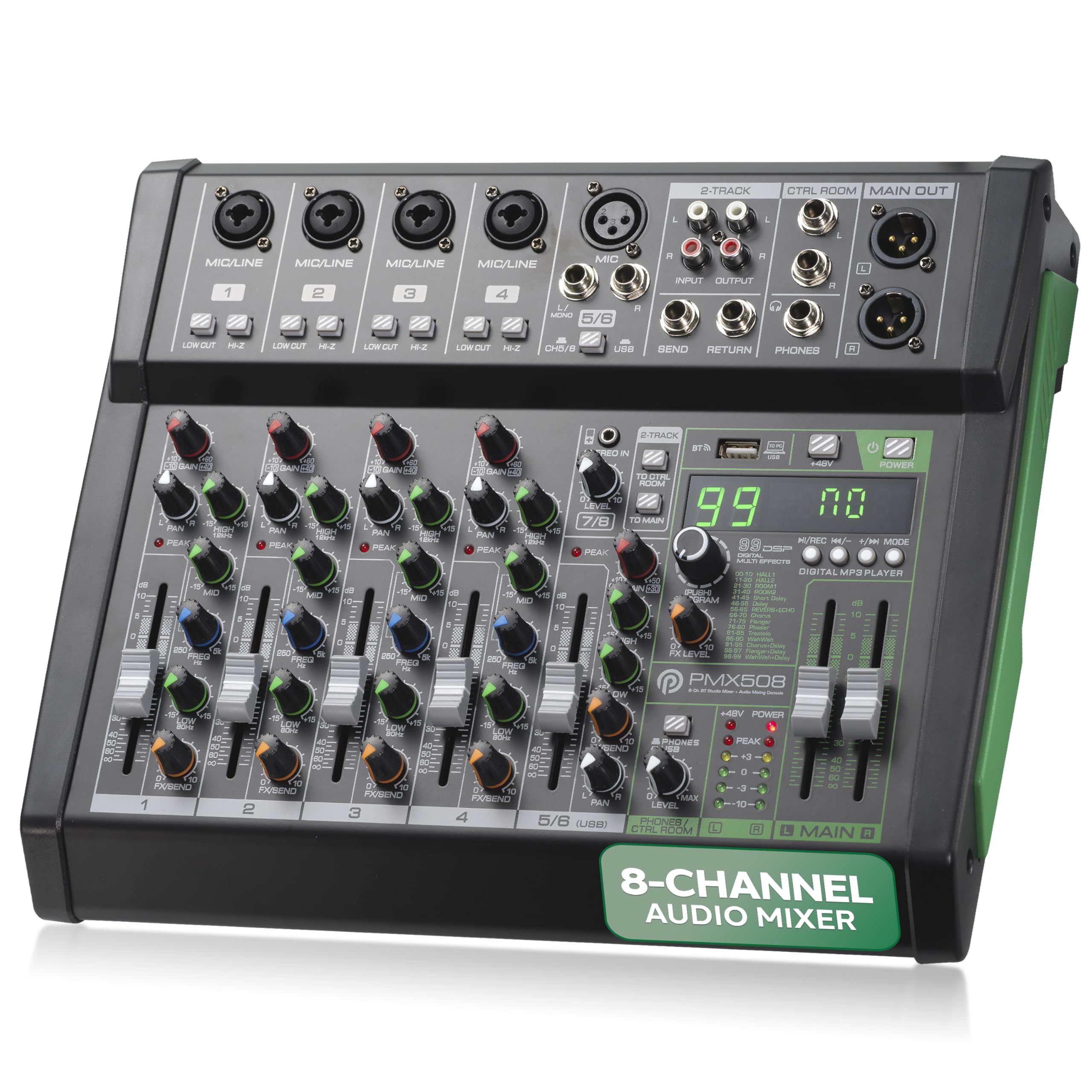 Photo 1 of Pyle 8-Channel Audio Mixer, Bluetooth Studio Mixer/DJ Controller with Digital Effects, USB Interface, MP3 Compatible, XLR Inputs and LED Display, Audio Mixing Sound board System 10”x11”x3” inches