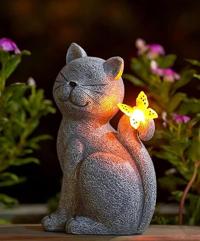 Goodeco Cat Statue with Solar Lights Garden Ornament Grey 21cm