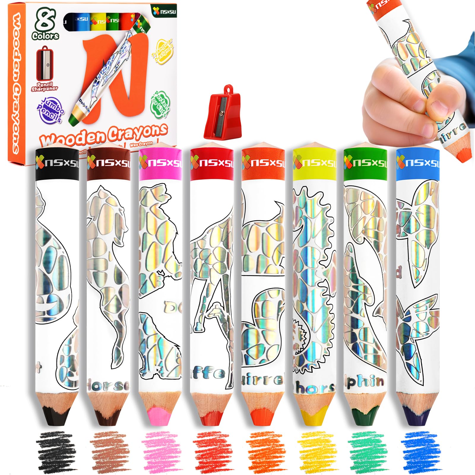 nsxsu Wooden 3 in 1 Jumbo Coloured Pencils for Toddlers, Kids Chunky Washable Crayons, Water Soluble Thick Pencils, Drawing Supplies Fat Triangular Colouring Pencil with Sharpener