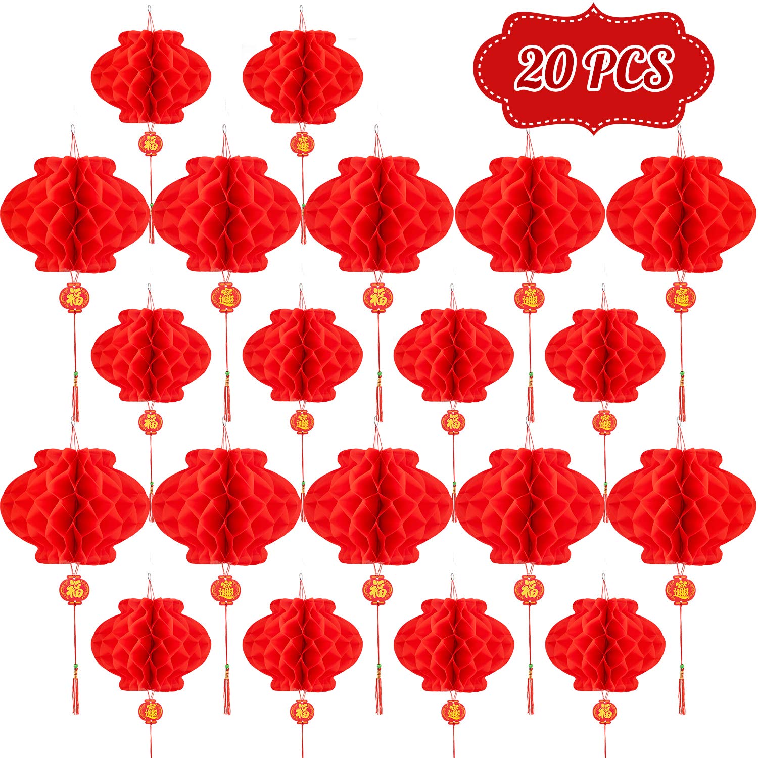 Whaline 20 Pcs Red Chinese Lanterns, 12 and 10 Inches Red Paper Lanterns Hanging Decorations for Chinese New Year, Spring Festival, Lantern Festival Celebration Supplies