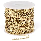 33 Feet 18K Gold Plated Cable Chains Bulk, 2mm Stainless Steel Textured Cable Link Chains Roll for Jewelry Making