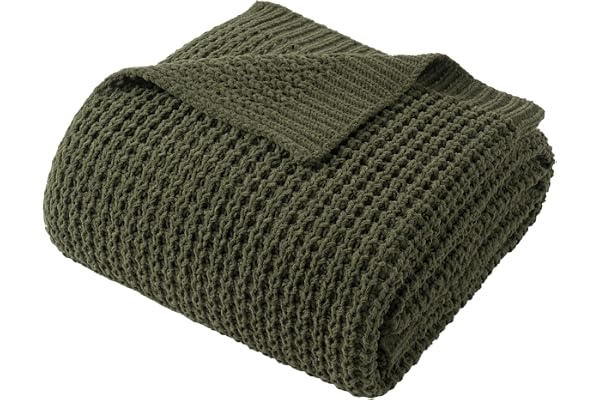 Bunnikins & Clover Olive Green Throw Blanket for Couch, Waffle Knit Blanket Throw, Super Soft Warm Dark Green Throw Blanket f