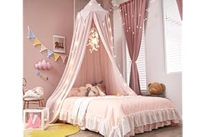 Akiky Bed Canopy for Girls with Lights Princess Dream Catcher for Kids Reading Nook Bed Tent for Twin Full Queen Size Bed,Room Decor (Beige Pink)