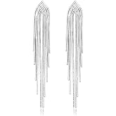 KristLand - S925 Silver/Alloy Hook Sleek Chain Tassel Drop Earrings Long Fringe Dangle Simple Dainty Earrings