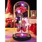 Valentines Day Rose Gifts for Her Birthday Gift for Women Galaxy Glass Rose in Glass Dome Forever Eternal Crystal Roses with Butterfly Anniversary Valentine Gifts for Daughter Mom Wife Girlfriend Red