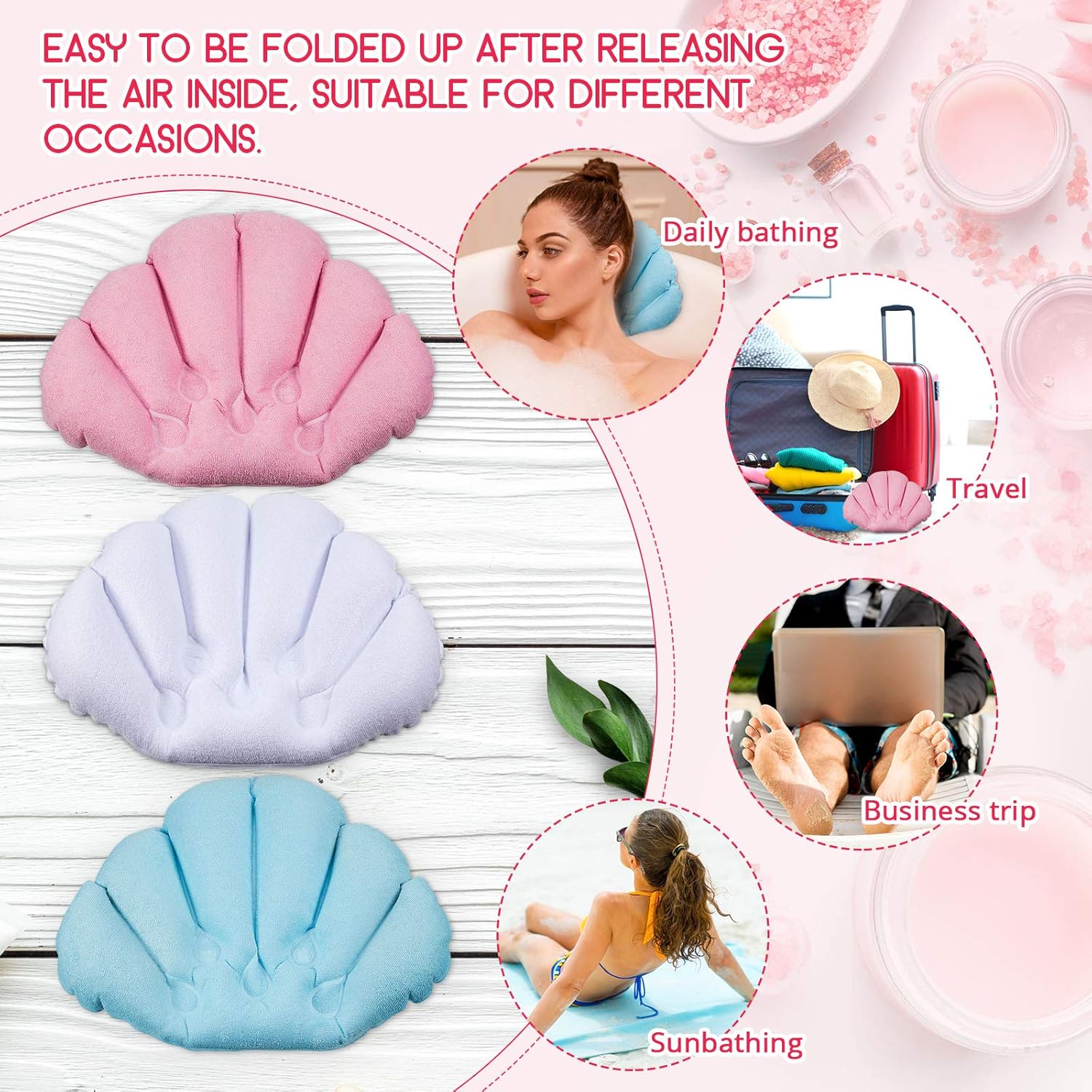 3 Pieces Inflatable Bath Pillow with Suction Cups, Terry Cloth Covered Bath Pillow Shell Shape Bathtub Spa Pillow Comfortable Soft Bath Cushion, Neck Support for Bathtub, Hot Tub (Pink, Green, White) : Beauty