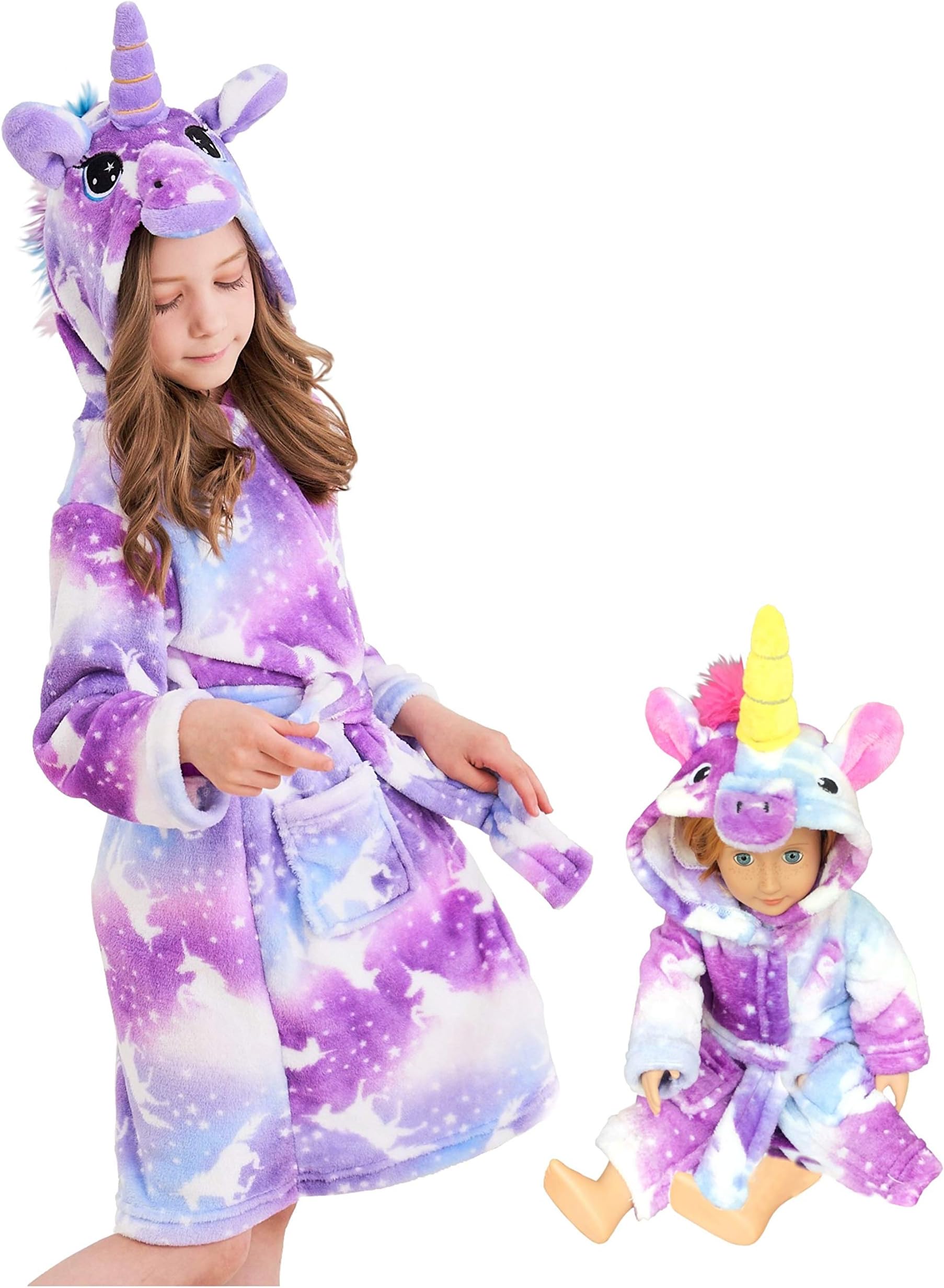 Unicorn Hooded Bathrobe Sleepwear Matching Doll & Girls Gifts