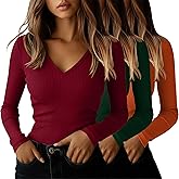 Ficerd 3 Pack Women's Long Sleeve T Shirts Cotton V Neck Slim Fit Tops Ribbed Knit Layering Casual Basic Tees Fall