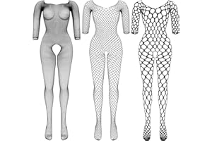BOARDFEB 3 Packs Women Fishnet Bodysuits Mesh BodyStocking Fishnet Lingerie Long Sleeve Bodysuits One Piece Jumpsuit